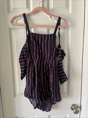 Hollister Navy Striped Romper with Red & White Accents